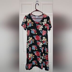 LuLaRoe Carly Dress Black Floral Rose Print High Low Swing With Pockets - Size M